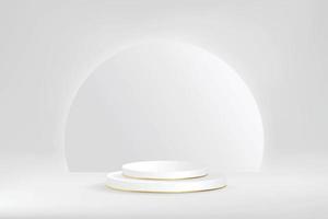 White, Gray and Gold geometric pedestal podium with glowing semi circle backdrop. Podium abstract background. Geometric shape.white colors scene. Minimal 3d rendering. Scene with geometric background. vector