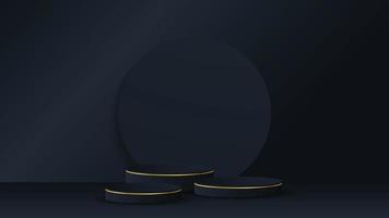 Black podium and modern gold border with a black circle element background. Abstract vector illustration showing a 3D shape for placing a product with copy space.