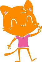 gato feliz de dibujos animados de estilo de color plano dando el signo de la paz vector