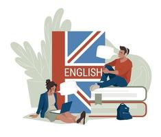 English language learning. Schoolchildren, teenagers among textbooks. Student with a laptop. Vector image.
