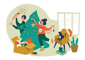 Man and woman are preparing for christmas and new year. A happy family decorates a Christmas tree in a cozy interior. Trendy characters celebrate winter holidays. Vector image.