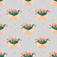 Cute seamless pattern, envelopes with flowers, tulips, and hearts. vector