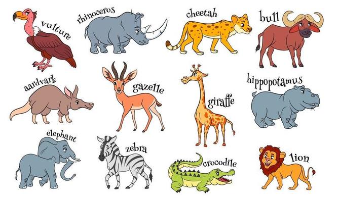 Large set of African animals. Funny animal characters in cartoon style.  12245134 Vector Art at Vecteezy