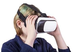 girl wears virtual reality glasses isolated photo