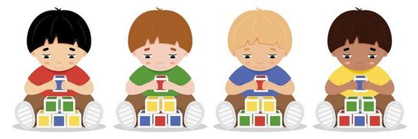 niño alegre sentado recoge una pirámide de cubos de colores. desarrollo de conceptos y educación de niños pequeños. vector