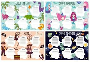 School Timetable set. Weekly schedule vector template for school students.