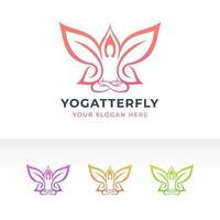 pose de yoga y diseño de logotipo de mariposa vector