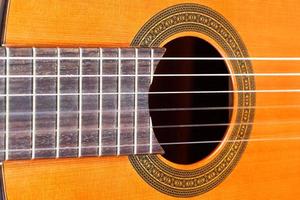 fingerboard and sound hole of acoustic guitar photo