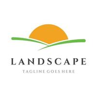 Green landscape logo creative template design with farmland or plantations and hills.Logo for natural and agricultural products. vector