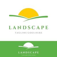 Green landscape logo creative template design with farmland or plantations and hills.Logo for natural and agricultural products. vector