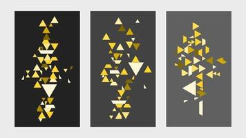 conjunto de 3 pantallas de pared o pinturas digitales sobre el tema de los triángulos geométricos abstractos y otras formas en un color amarillo dorado y fondo negro vector