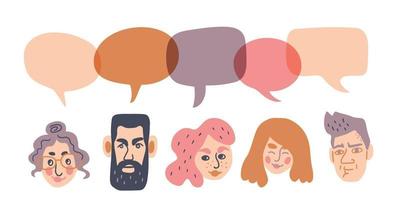 Set of characters with speech bubbles. People avatars communication concept. Hand drawn cartoon vector illustration
