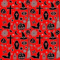 Seamless pattern with Halloween objects pumpkin, bat, coffin, broom, etc. vector