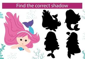 Mermaid and underwater world. Find the right shadow. Educational game. vector