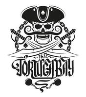 Pirate logo with a skull in a cocked hat and with a mustache. Jolly Roger with sabers, chains and calligraphic inscriptions. vector