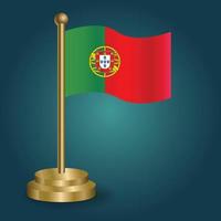 Portugal national flag on golden pole on gradation isolated dark background. table flag, vector illustration