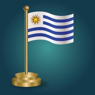 Uruguay national flag on golden pole on gradation isolated dark background. table flag, vector illustration