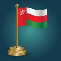 Oman national flag on golden pole on gradation isolated dark background. table flag, vector illustration