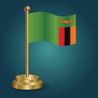 Zambia national flag on golden pole on gradation isolated dark background. table flag, vector illustration