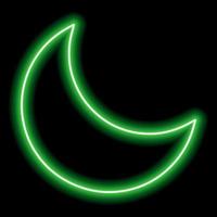 Green neon outline of the waning moon on a black background. Vector icon illustration