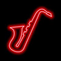 Neon saxophone on a black background. Red contour. vector