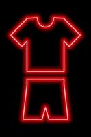 Red neon outline of a T-shirt with shorts on a black background. Summer, sportswear. Illustration vector