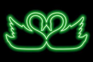 A copuple of swans touching each other's heads. A couple of birds in love. Green neon outline vector