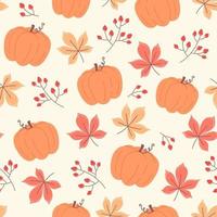 Autumn seamless pattern of pumpkins, orange leaves and red berries