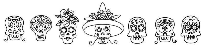 Collection of vector linear illustrations of decorated skulls of different types