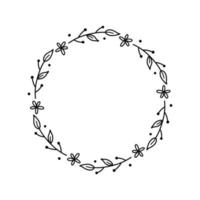 Floral wreath isolated on white background. Round frame with flowers. Vector hand-drawn illustration in doodle style. Perfect for cards, invitations, decorations, logo, various designs.