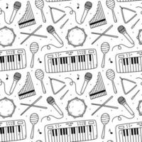 Cute seamless pattern with musical instruments - drumsticks, maracas, triangle, tambourine, microphone, electronic keyboard and pan flute. Vector hand-drawn illustration in doodle style.