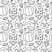 Cute seamless pattern with summer doodles - beach ball, bikini, sunscreen, photo camera, corals, starfish and seashells. Vector hand-drawn illustration. Perfect for print, wrapping paper, wallpaper.