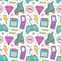 Bright seamless pattern with items from the nineties - floppy disk, quad roller skates, retro flip phone, joystick gamepad, lightnings, diamonds and stars on white background. Nostalgia for the 1990s. vector