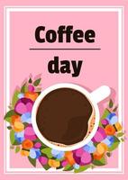 día internacional del café. ilustración plana vectorial con taza de café. uso para tarjetas de felicitación, pancartas, carteles y folletos. vector