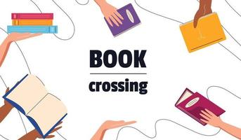 Bookcrossing day banner. Concept of exchange books, education, reading, development. Isolated vector illustration.