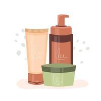 Bottles cosmetic on plant background. Concept of tools beauty and skin care, spray, eco, cleanser. Vector flat  illustration.