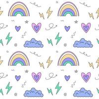 Seamless pattern of lightning, hearts, rainbow, cloud. Concept of 2000s, 1990s, 00s, Y2k aesthetic weird 2000 style. Groovy prints for tee, streetwear, print templates, textile. vector