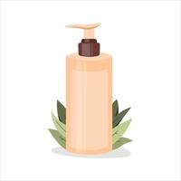 cosméticos de tubo en el fondo de la planta. concepto de herramientas de belleza y cuidado de la piel, champú, crema, bálsamo, eco, limpiador. ilustración plana vectorial. vector