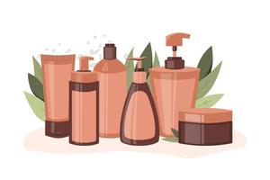 Group of cosmetics on plant background. Bottles of mask, shampoo, balm, cream, foam. Concept of tools beauty and skin care, eco cosmetics, cleanser. Vector flat illustration