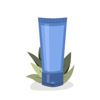 Tube cosmetics on plant background. Concept of tools beauty and skin care, shampoo, cream, balm, eco, cleanser. Vector flat illustration.