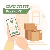 Contactless delivery service. The package and boxes are next to the door to the house. Online delivery phone. Flat vector illustration.