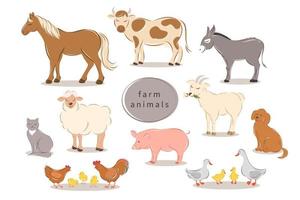 Farm animals set on white background. Cartoon animals collection horse, cow, donkey, sheep, goat, pig, cat, dog, duck, goose, chicken, rooster. Vector illustration.