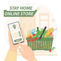 Stay home, online store, contactless delivery service. The grocery basket is located next to the door to the house. Online delivery, quarantine concept. Flat vector illustration.