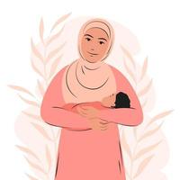 Arabian woman is holding newborn baby. Muslim girl in traditional dress with child. Vector illustration.