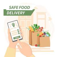 Safe food delivery. Contactless delivery service.  Food are next to the door to the house. Online delivery phone, stay home concept. Flat vector illustration.