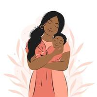 Woman with dark hair and skin is holding newborn baby. Family, maternity and breastfeeding concept. vector