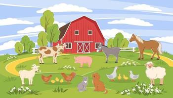 animales de granja con paisaje caballo, vaca, burro, cerdo, oveja, cabra, gallo, pollo, pato, perro, gato. ilustración vectorial diferentes animales de dibujos animados lindo vector