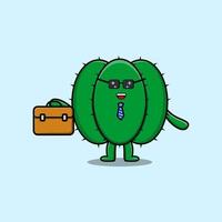 Cute cartoon cactus businessman hold suitcase vector