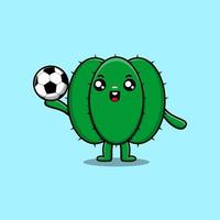 lindo personaje de cactus de dibujos animados jugando al fútbol vector