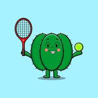 Cute cartoon cactus character playing tennis field vector